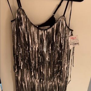 Dress the Population , silver dress with dangle strings.
